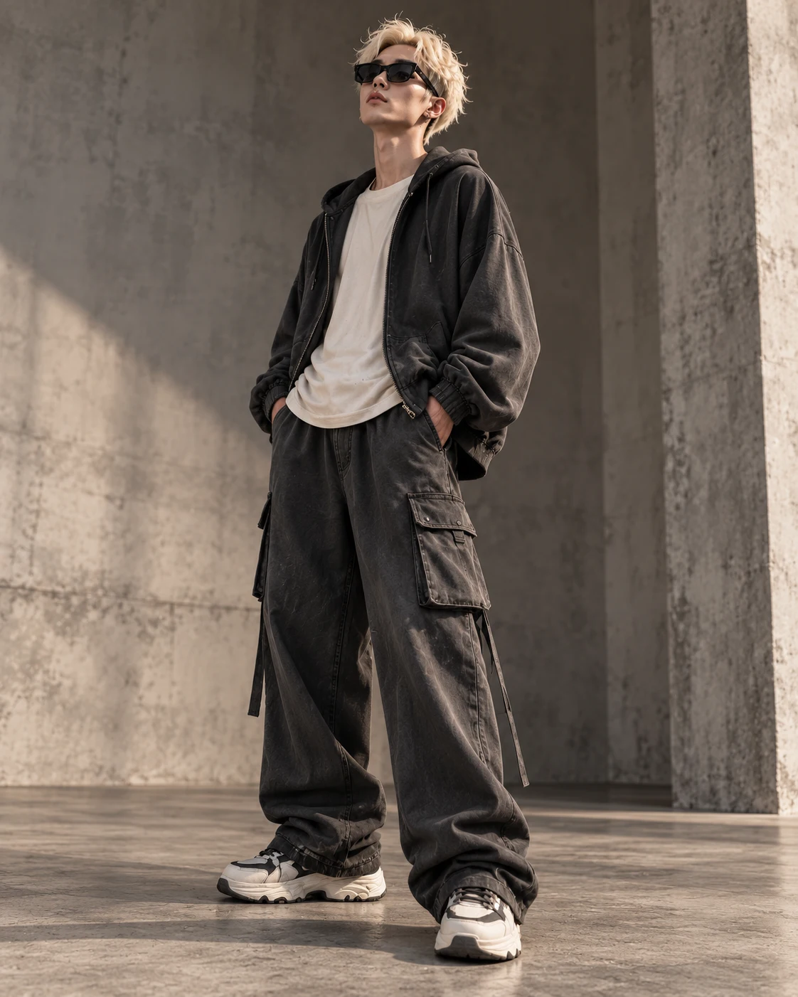 Men's: hooded sweatshirt and cargo trousers (AI-generated style visual)